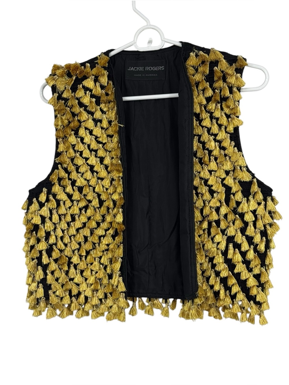 Women’s Vintage Jackie Rogers Made in the USA Black Vest w Gold Metallic Tassels